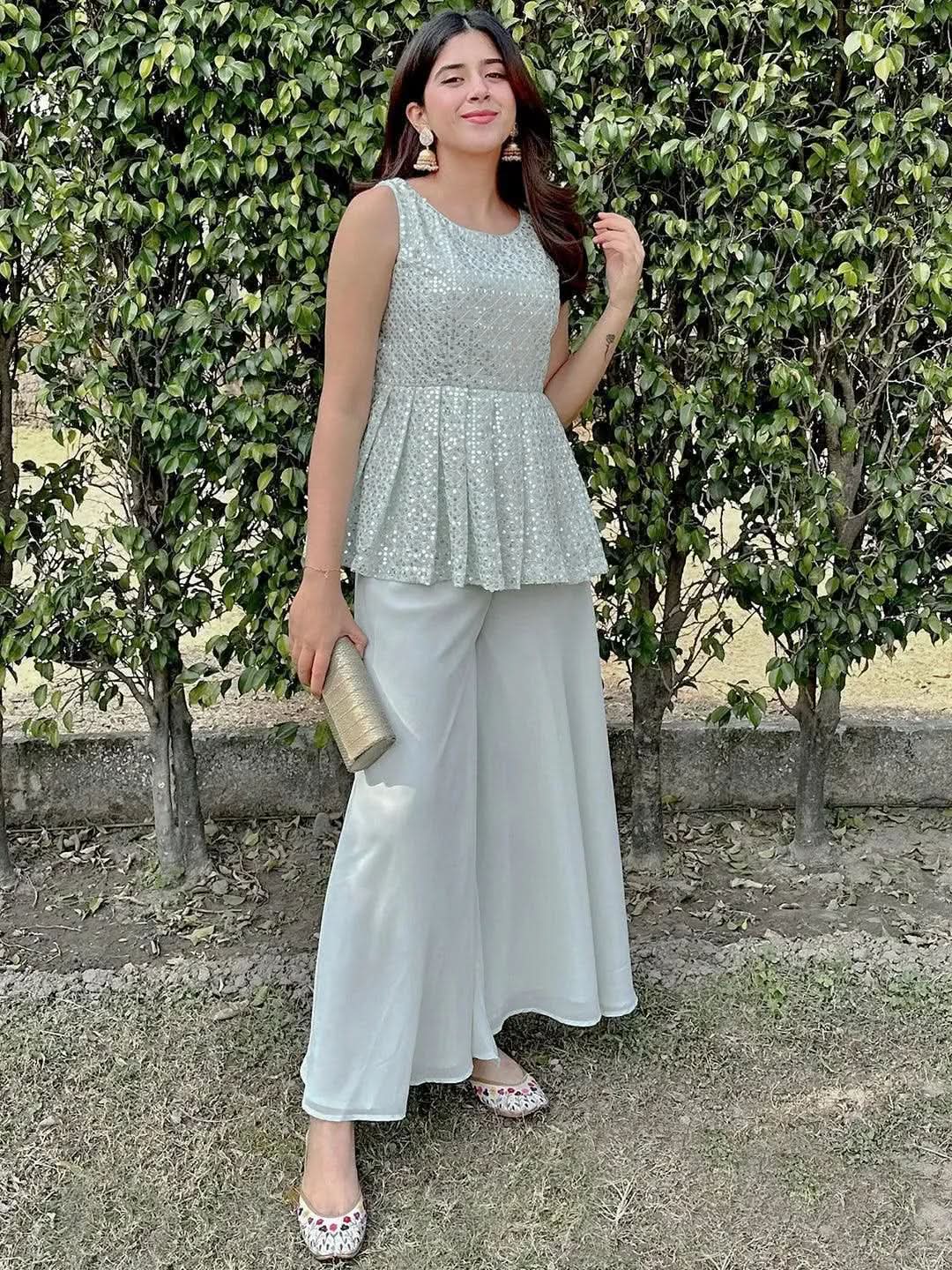 Green Embroidered Georgette A-Line Kurta With Palazzos
Green Embroidered Georgette A-Line Kurta With Palazzos