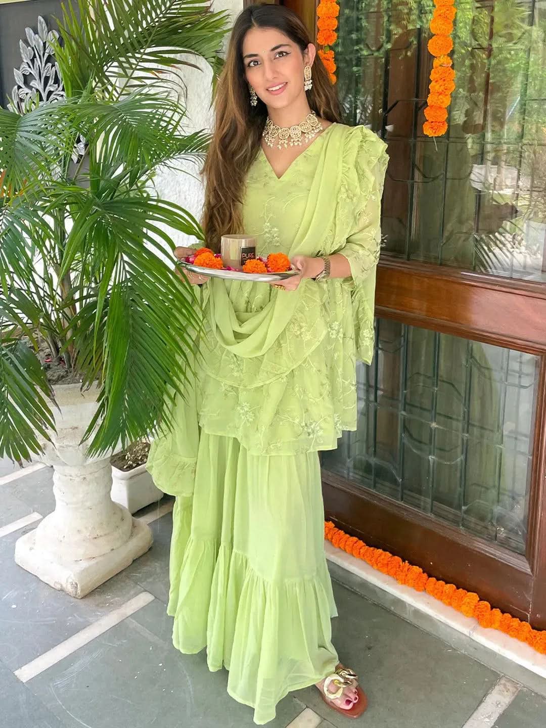 Green Embroidered Georgette Suit Set - Libas