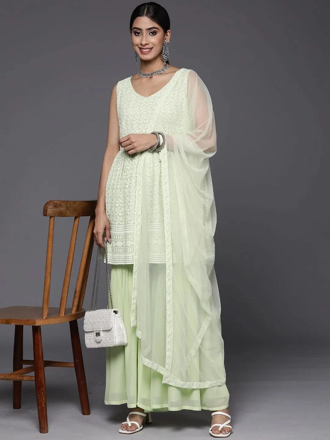 Buy Green Embroidered Georgette A-Line Sharara Suit Set With Dupatta Online at Rs.999 | Libas Buy Green Embroidered Georgette A-Line Sharara Suit Set With Dupatta Online at Rs.999 | Libas