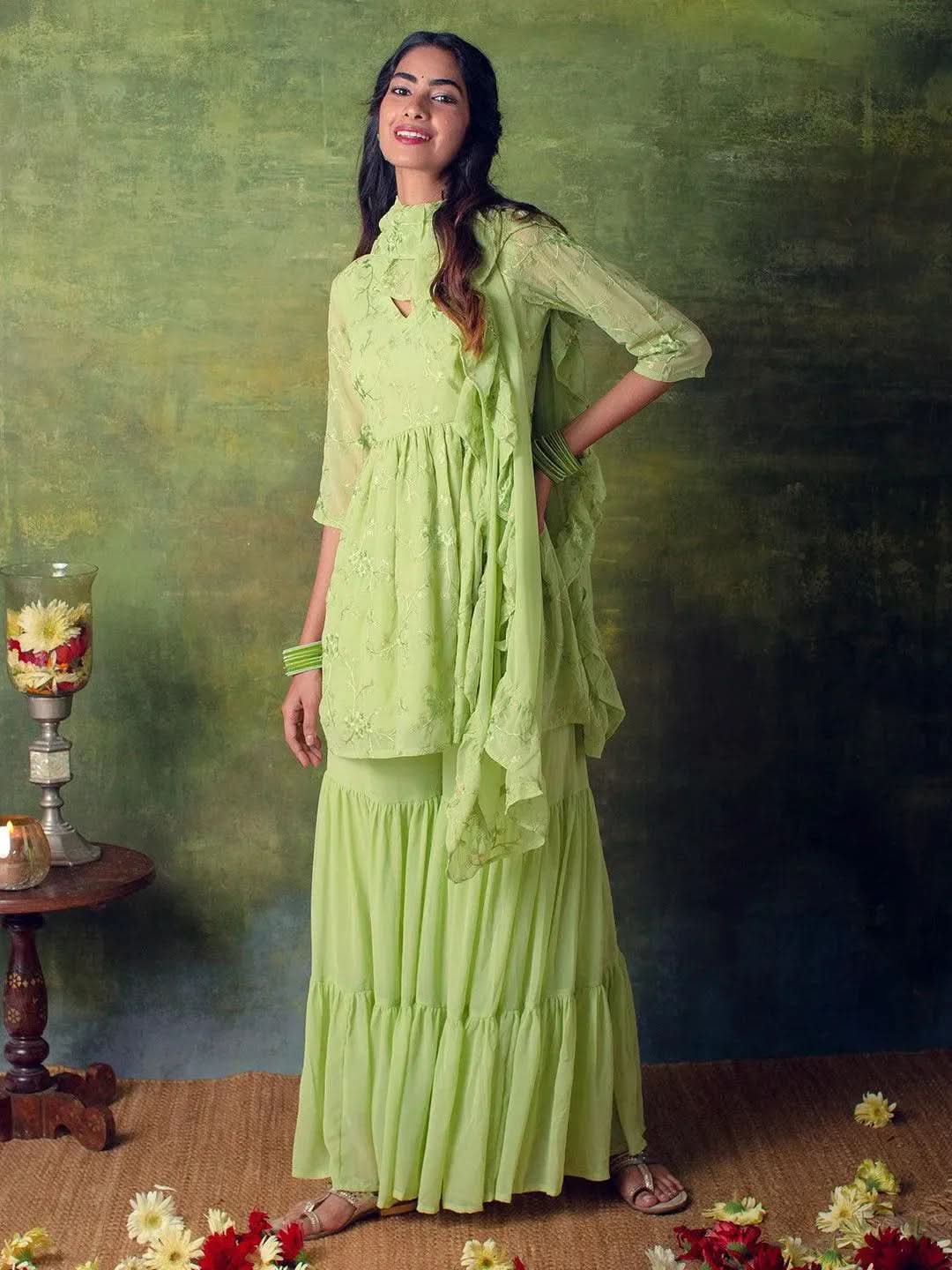 Green Embroidered Georgette Suit Set - Libas