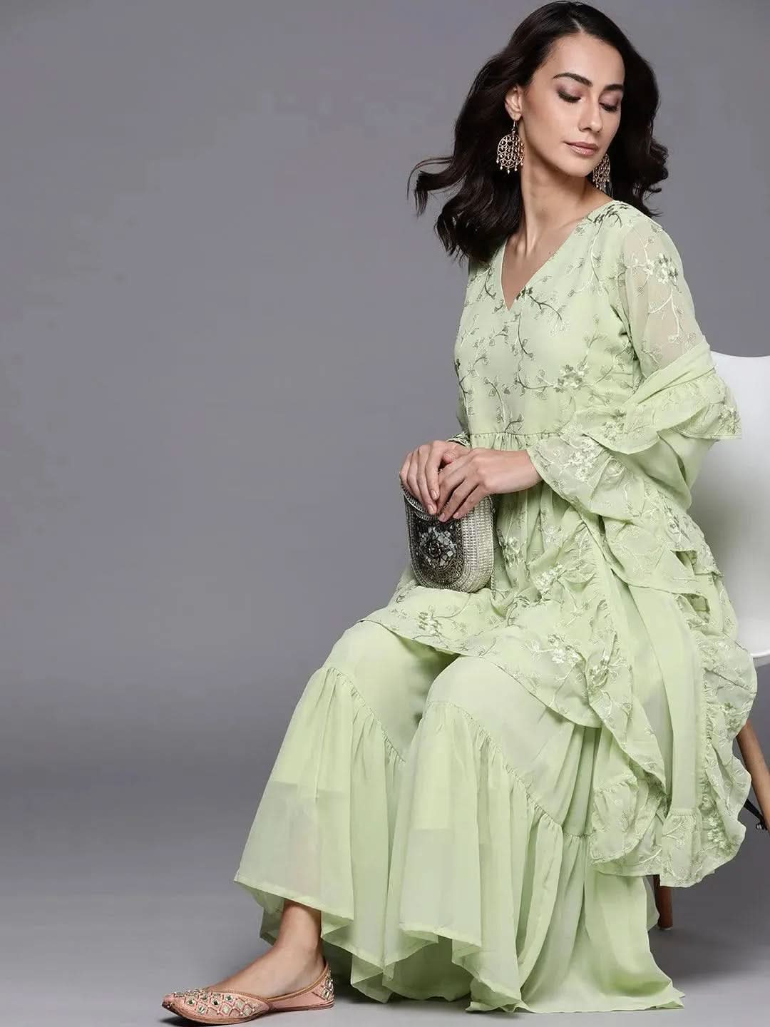 Green Embroidered Georgette Suit Set - Libas