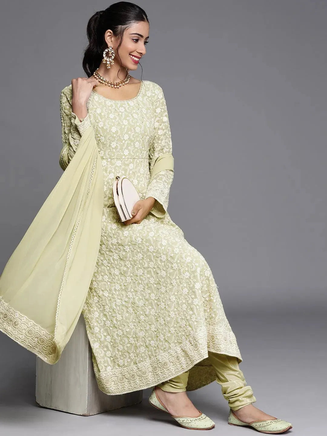 Green Embroidered Georgette Suit Set - Libas