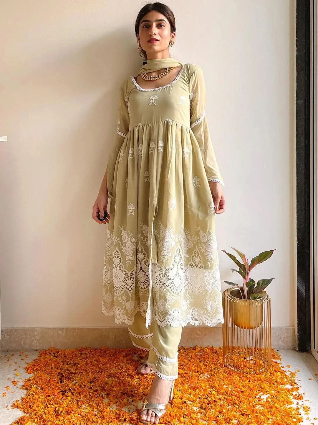 Green Embroidered Georgette Suit Set - Libas