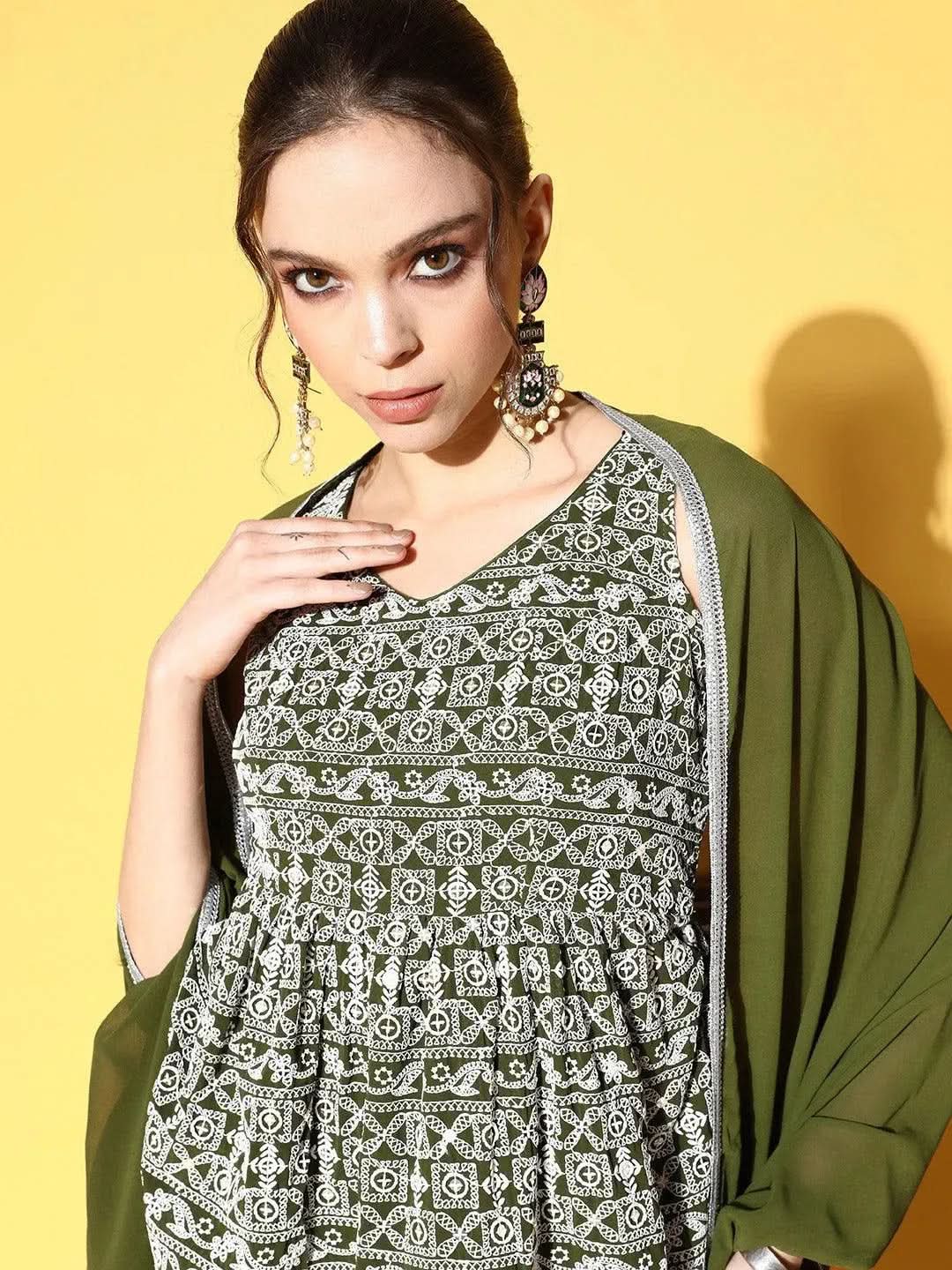 Green Embroidered Georgette Anarkali Kurta With Sharara & Dupatta 
Green Embroidered Georgette Anarkali Kurta With Sharara & Dupatta