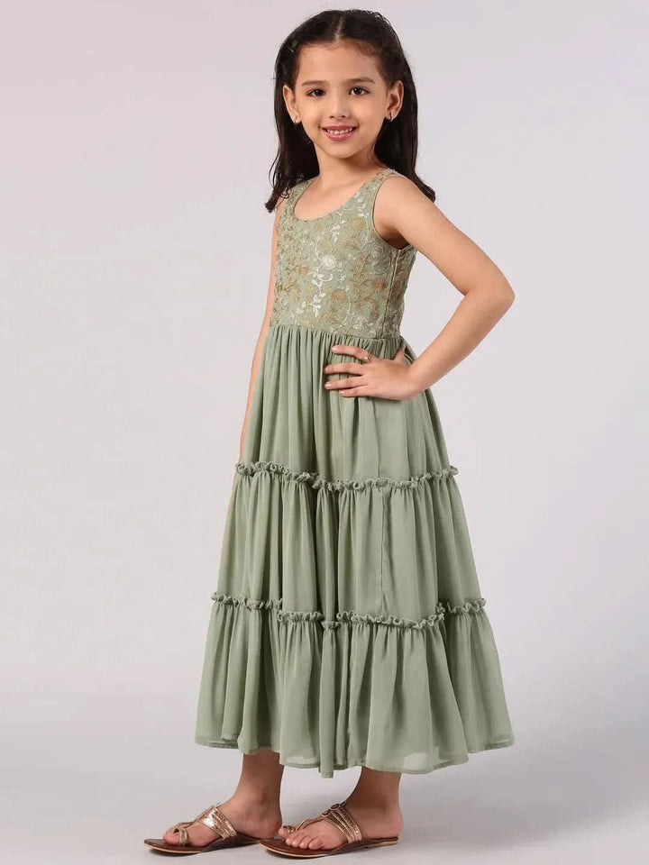 Green Embroidered Georgette Dress - Libas