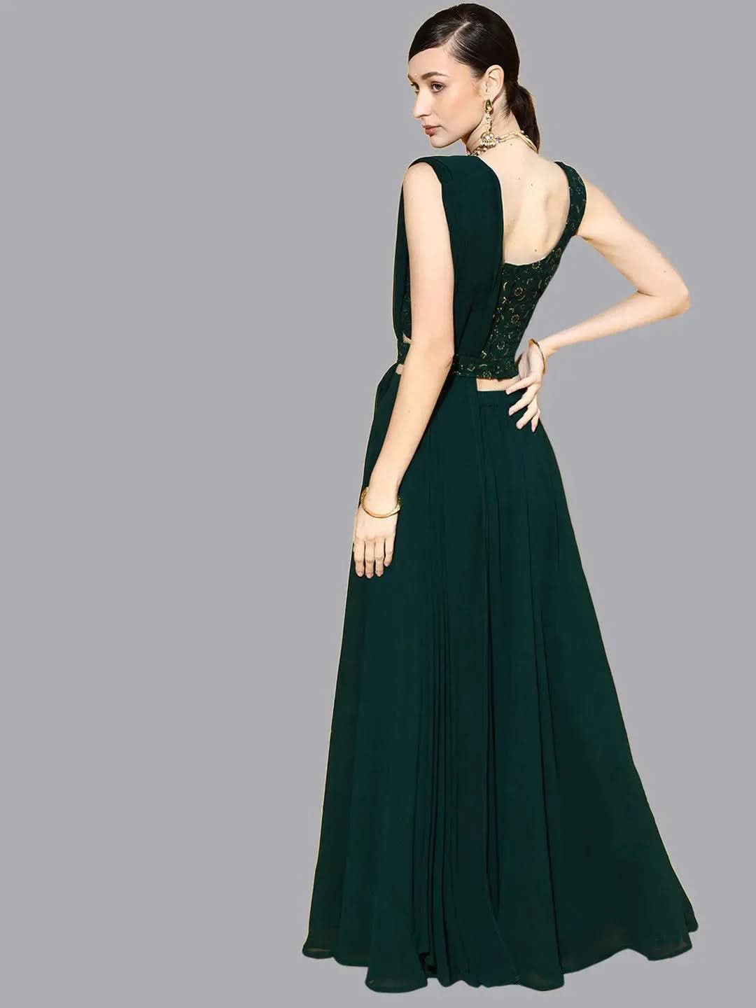 Green Embroidered Georgette Lehenga Set - Libas