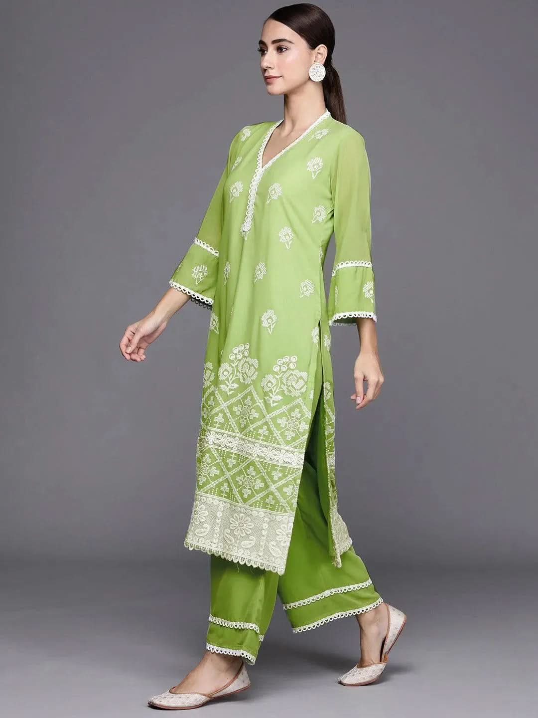 Green Embroidered Georgette Suit Set - Libas