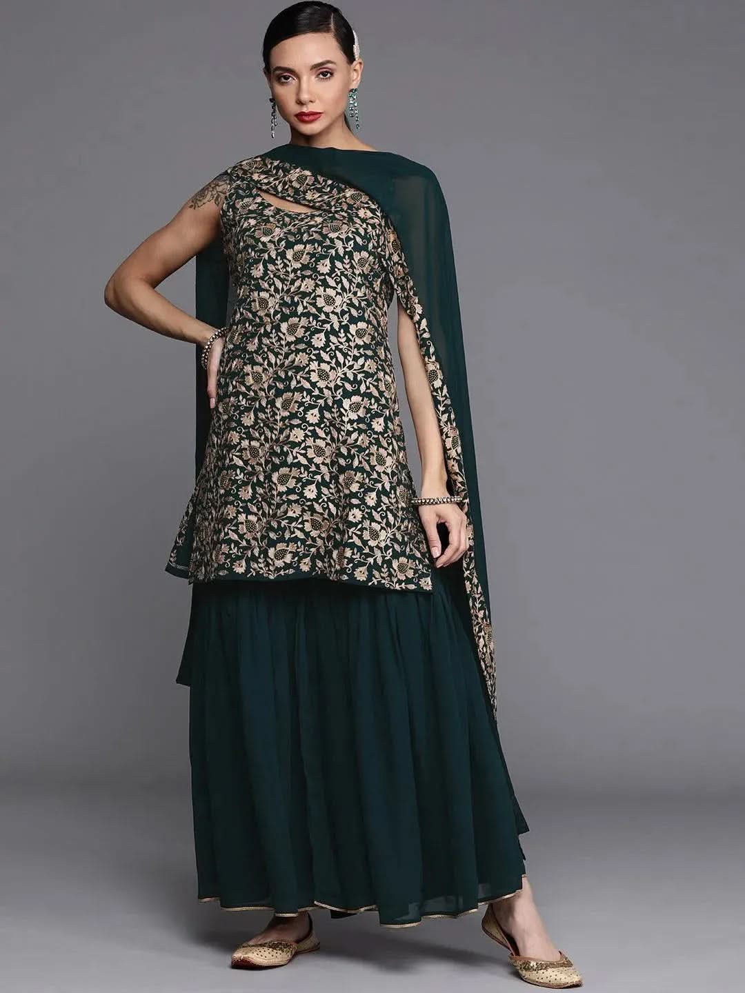 Green Embroidered Georgette Suit Set - Libas