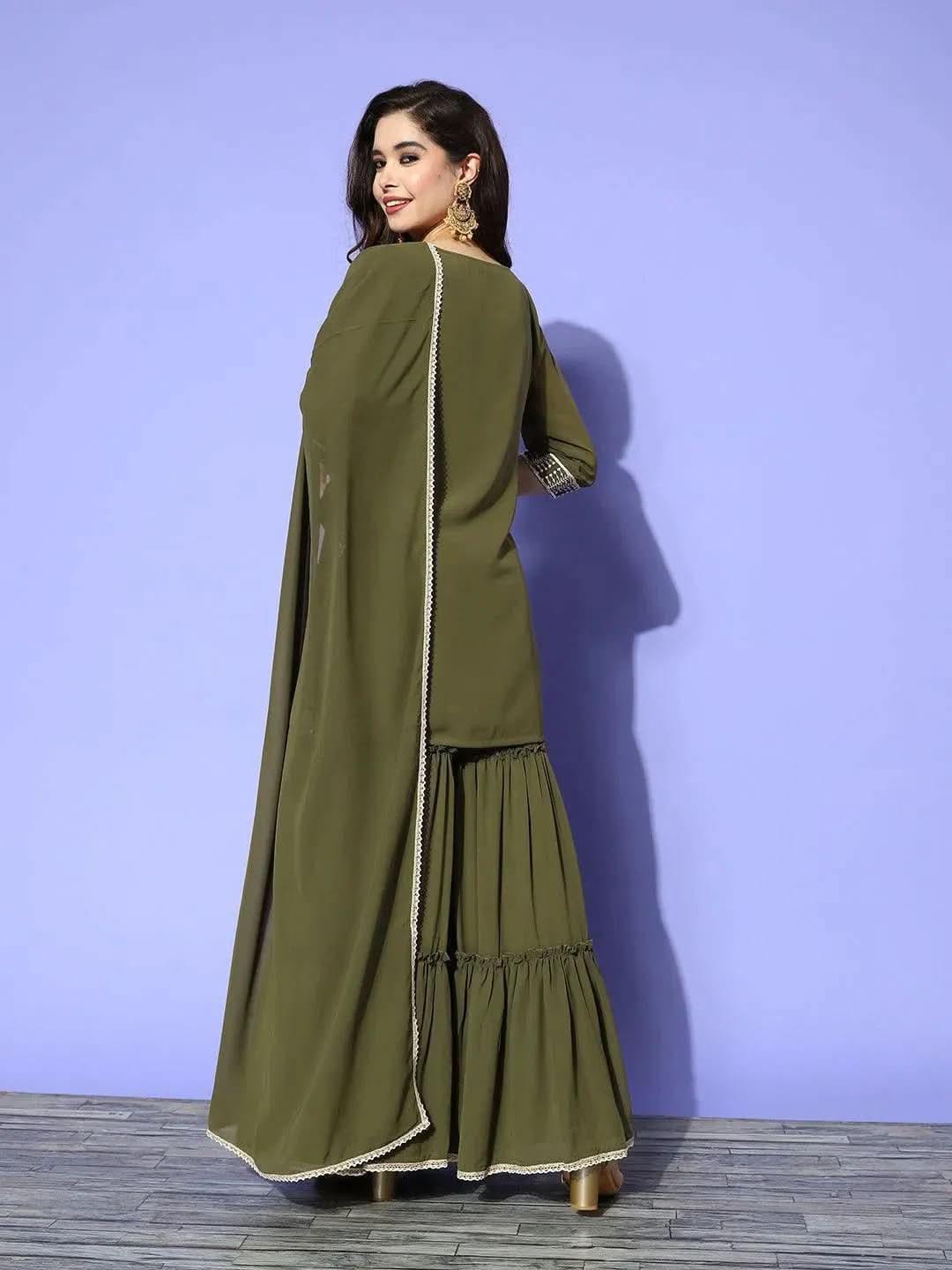 Green Embroidered Georgette Straight Kurta With Sharara & Dupatta
Green Embroidered Georgette Straight Kurta With Sharara & Dupatta