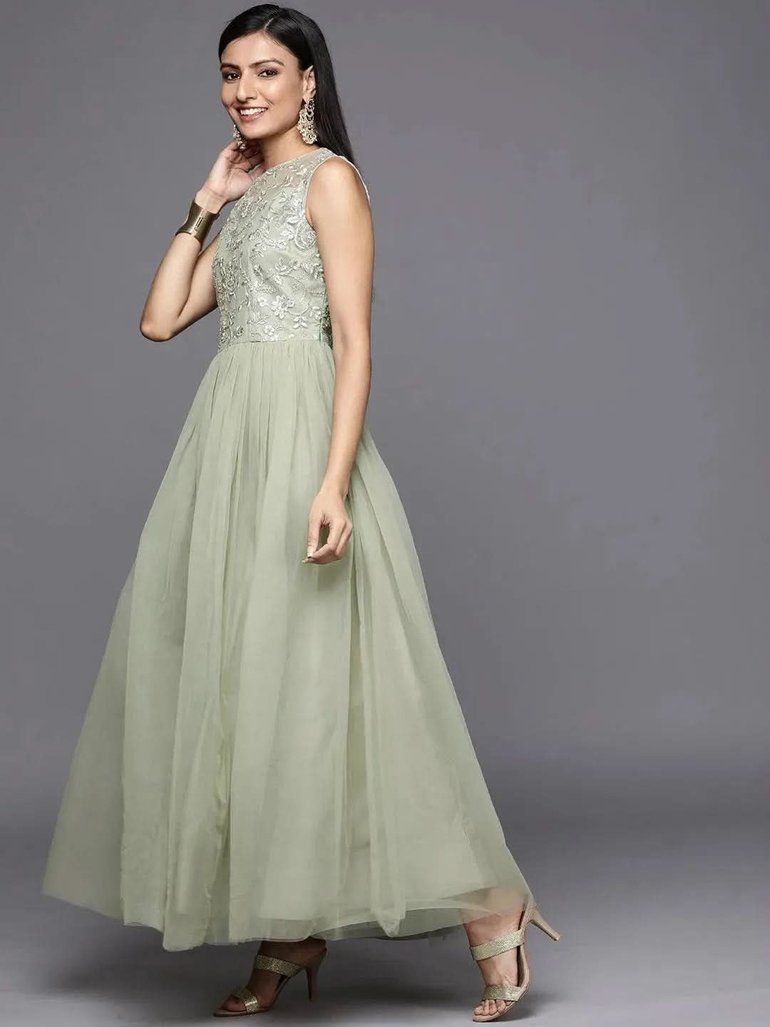 Green Embroidered Nylon Gown Dress - Libas