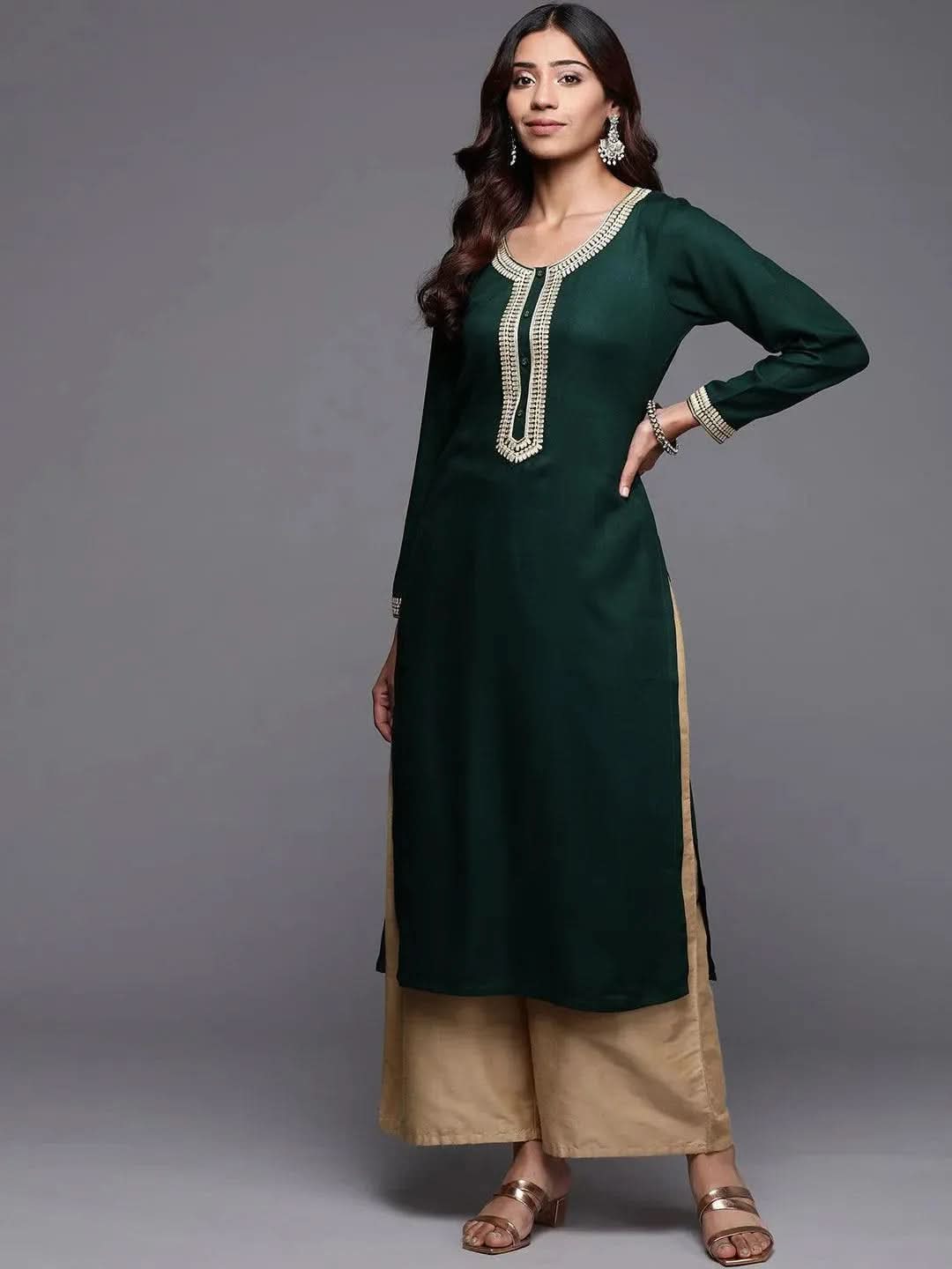 Green Embroidered Pashmina Wool Straight Kurta - Libas