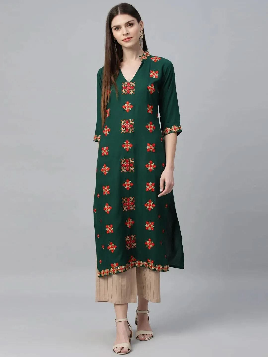 Green Embroidered Rayon Straight Festive Kurta