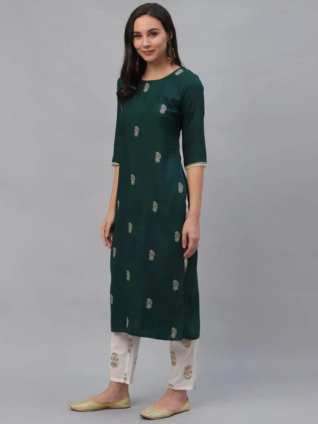 Green Embroidered Rayon Kurta - Libas