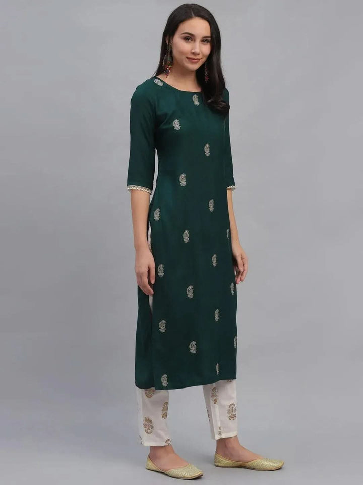 Green Embroidered Rayon Kurta - Libas