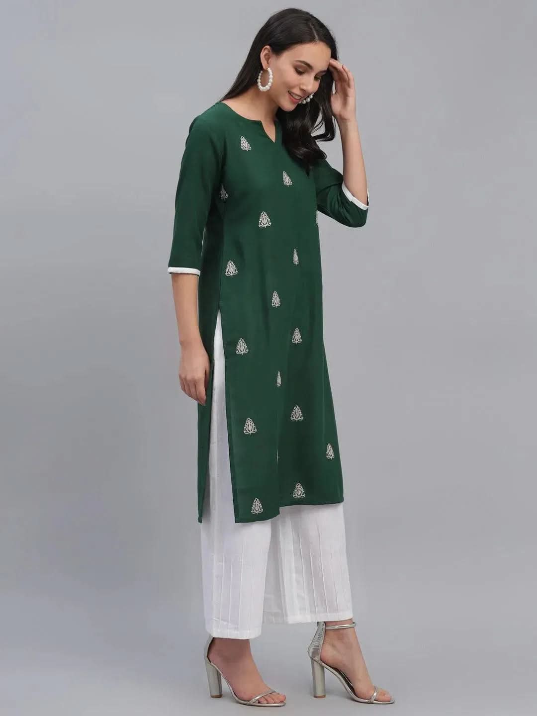 Green Embroidered Rayon Kurta - Libas