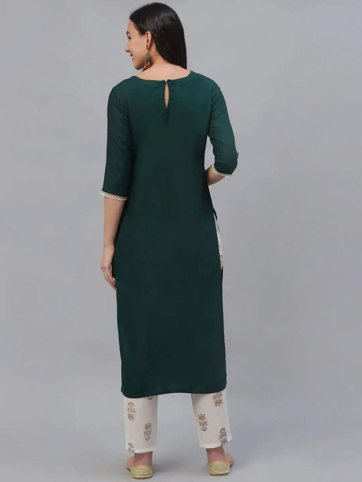 Green Embroidered Rayon Kurta - Libas