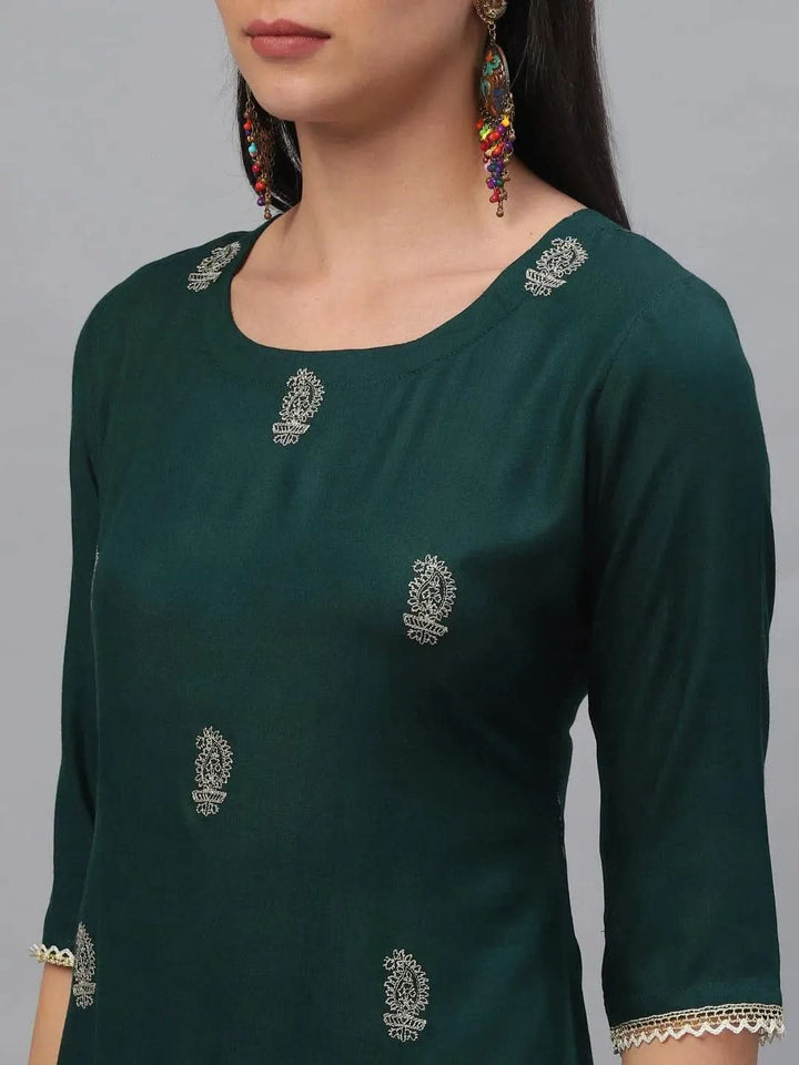 Green Embroidered Rayon Kurta - Libas