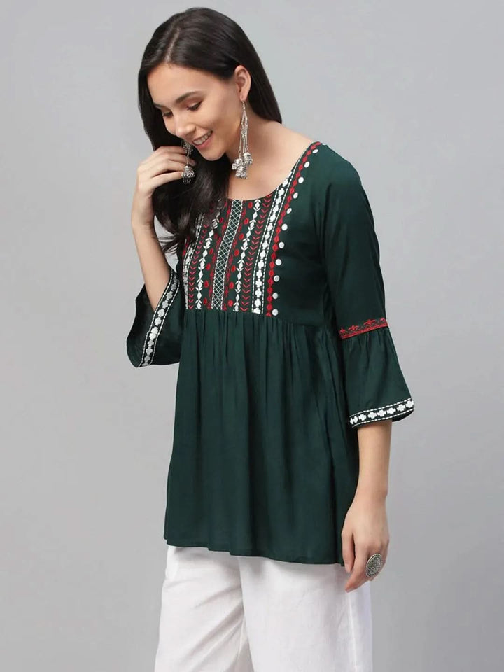 Green Embroidered Rayon Kurti - Libas