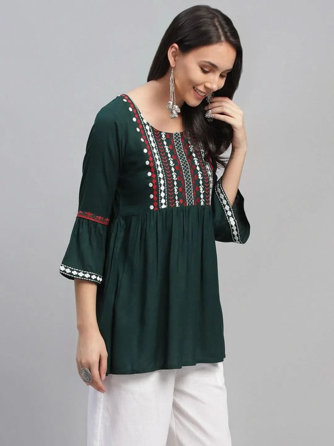 Green Embroidered Rayon Kurti - Libas