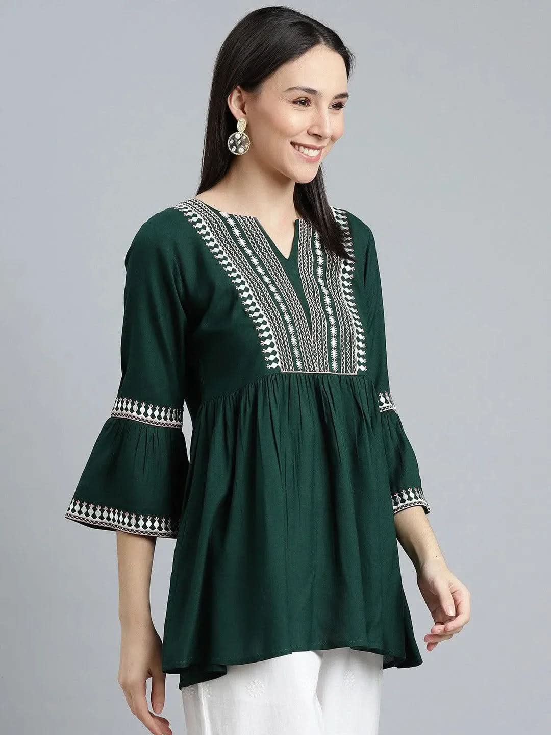 Green Embroidered Rayon Kurti - Libas