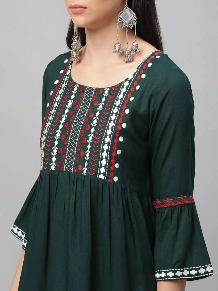 Green Embroidered Rayon Kurti - Libas