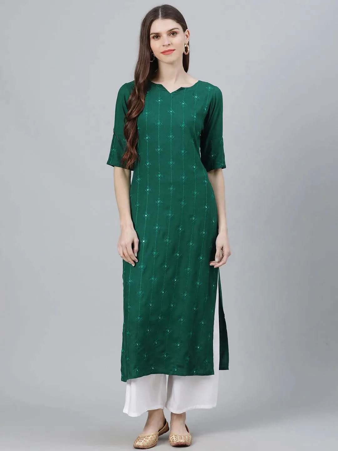 Green Embroidered Rayon Kurta Set - Libas