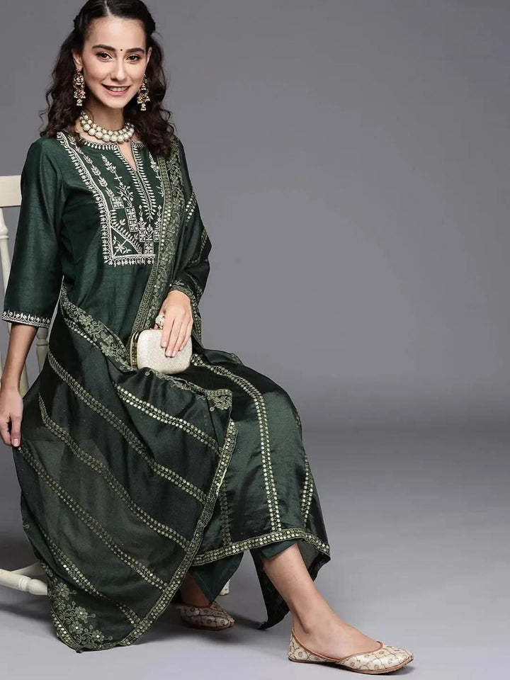 Green Embroidered Silk Blend Suit Set - Libas