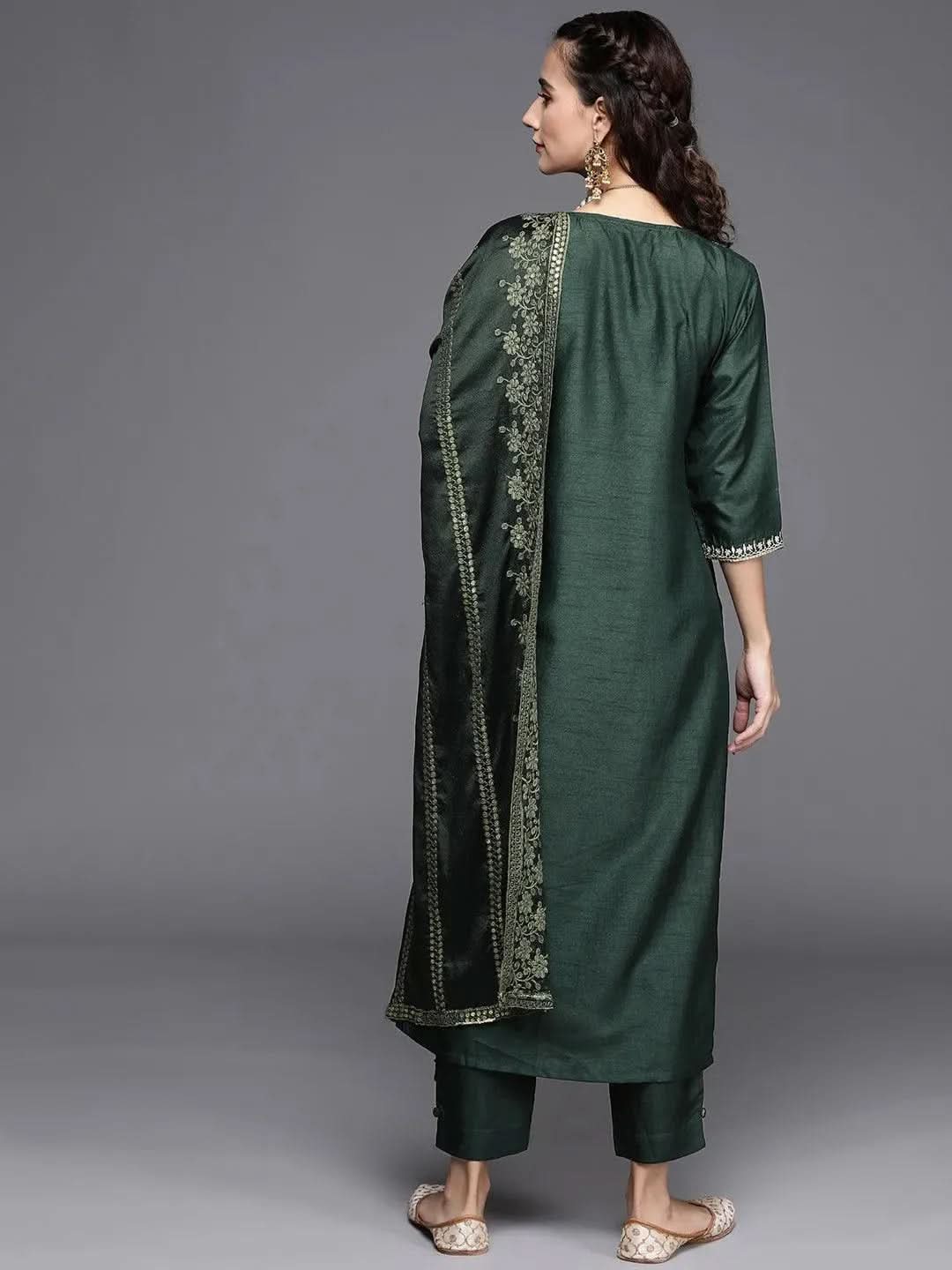 Green Embroidered Silk Blend Suit Set - Libas