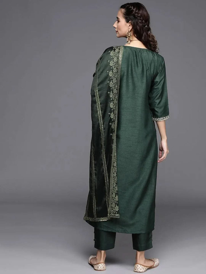 Green Embroidered Silk Blend Suit Set - Libas