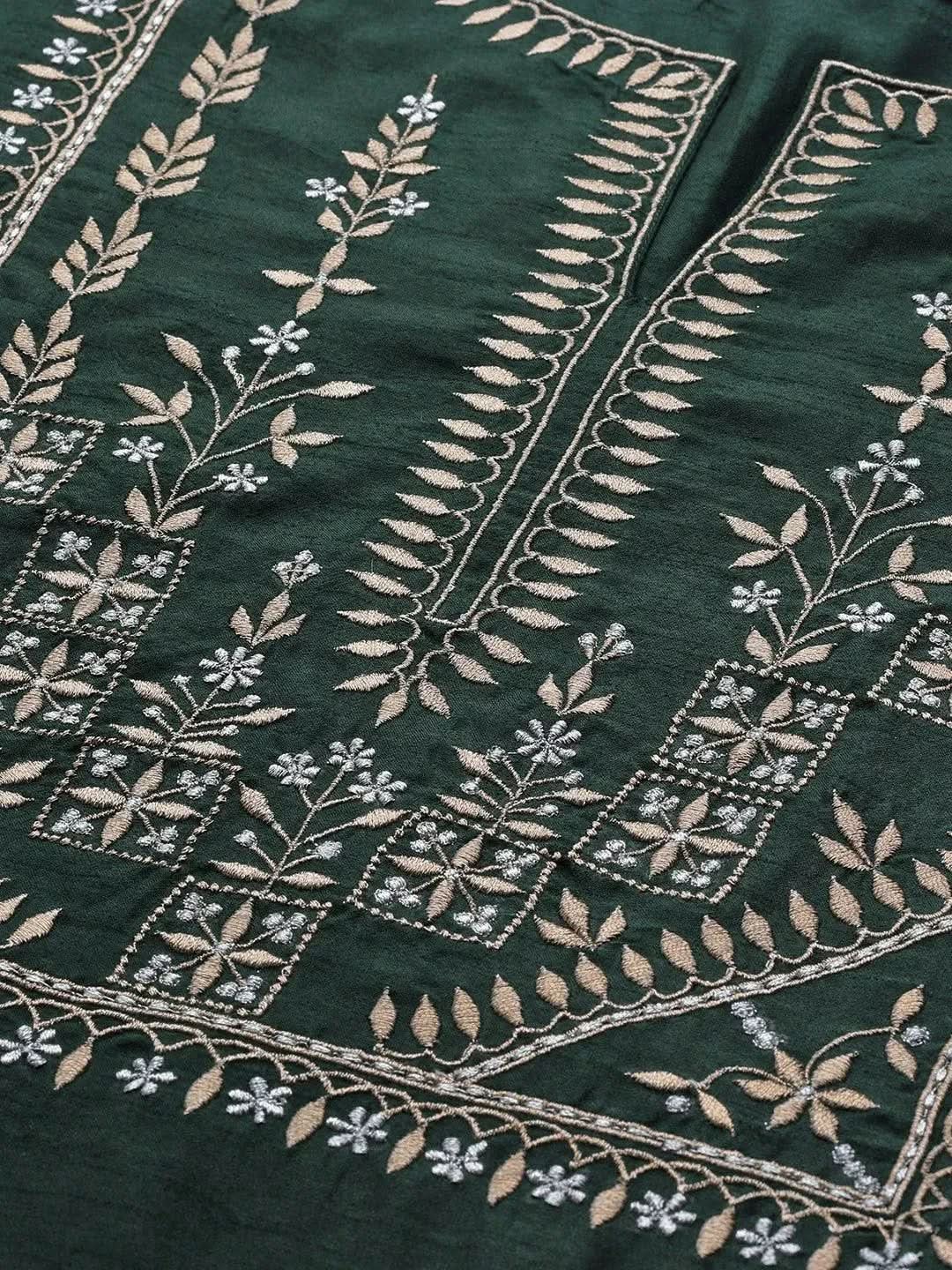 Green Embroidered Silk Blend Suit Set - Libas