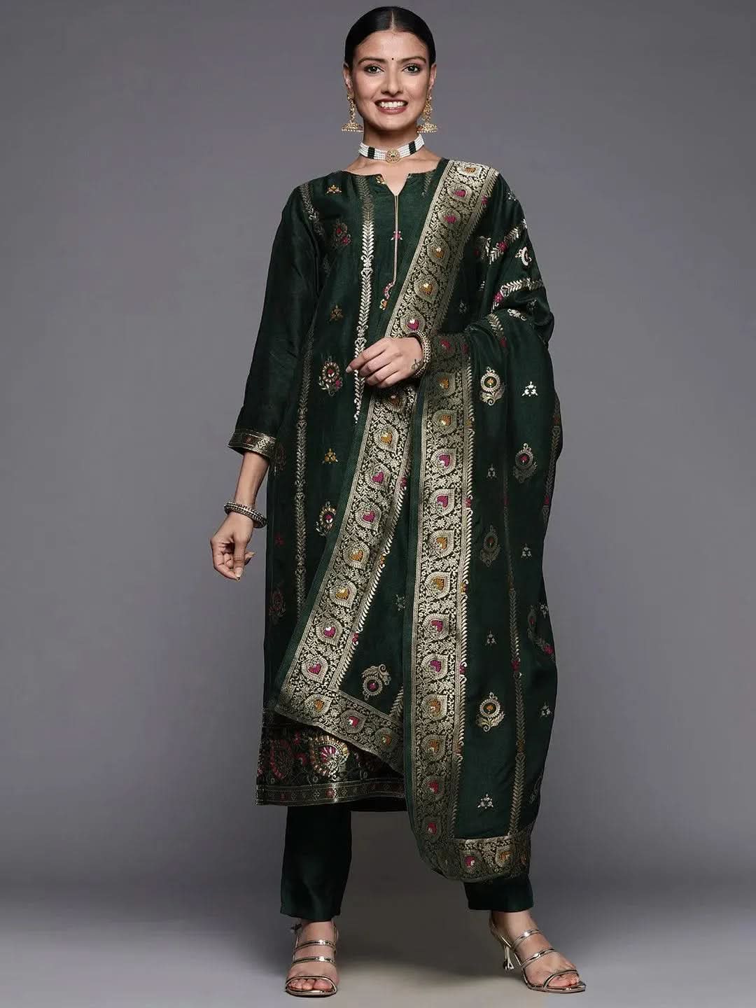 Green Embroidered Silk Blend Straight Kurta Trouser Set