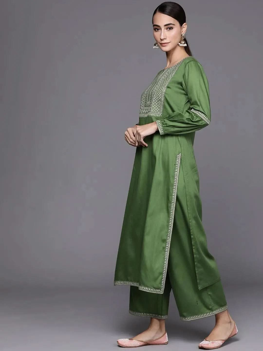 Green Embroidered Silk Blend Suit Set - Libas