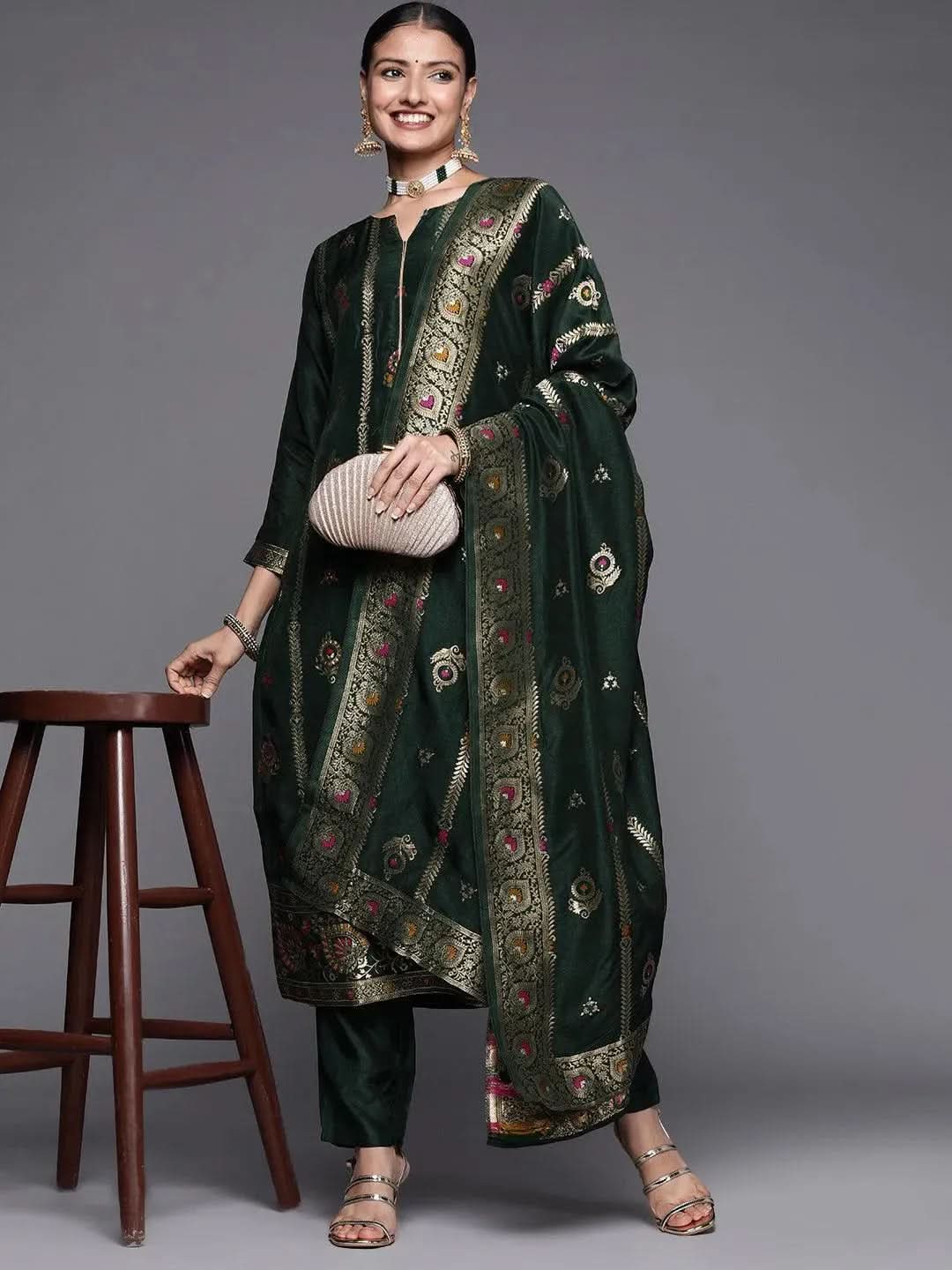 Green Embroidered Silk Blend Straight Suit Set - Libas