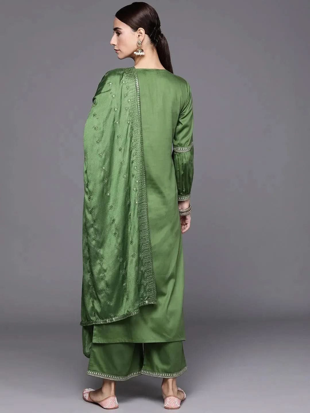 Green Embroidered Silk Blend Suit Set - Libas