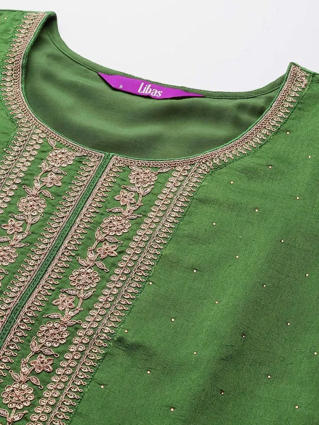 Green Embroidered Silk Blend Straight Suit Set - Libas