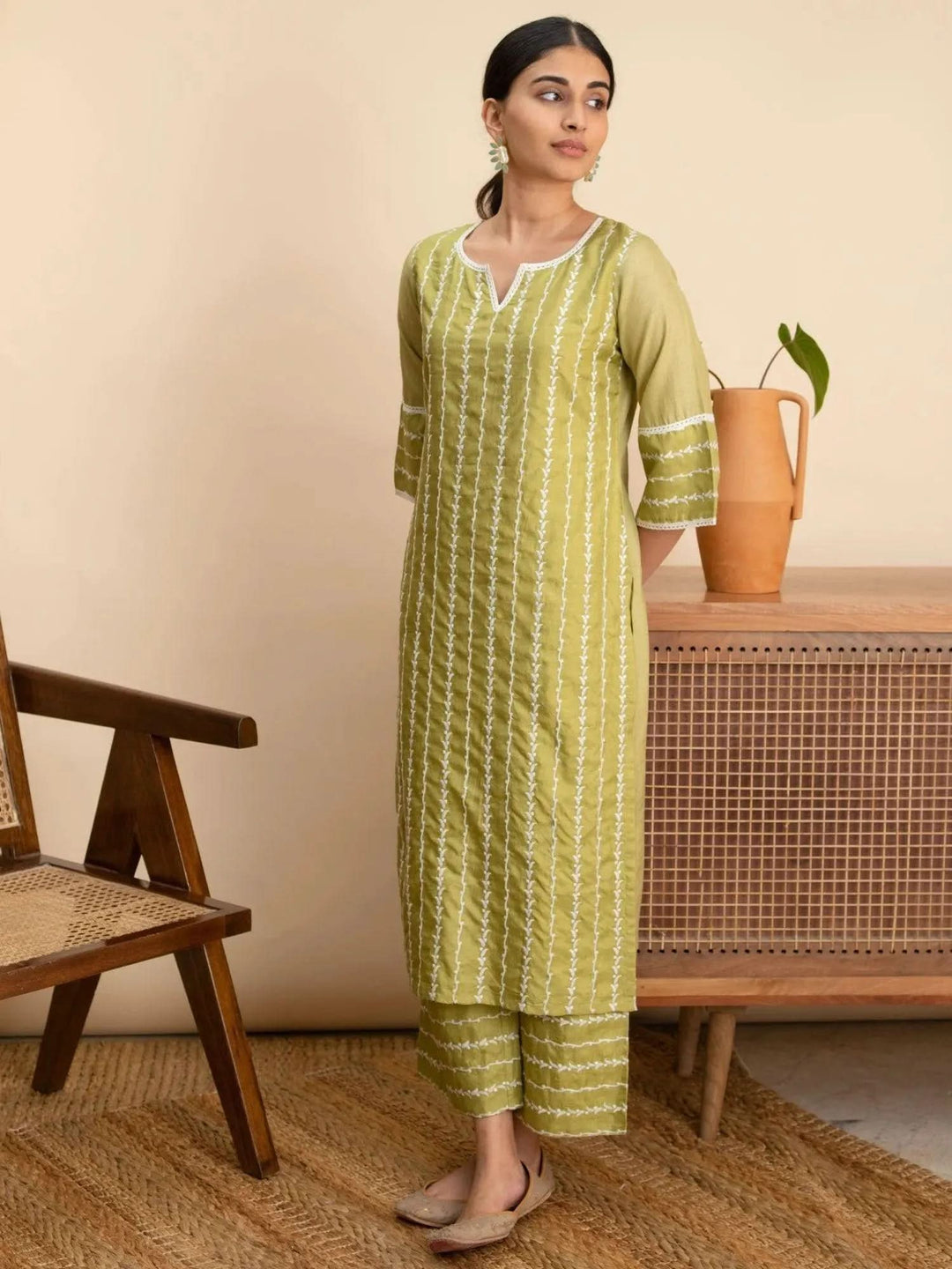 Green Embroidered Silk Kurta - Libas