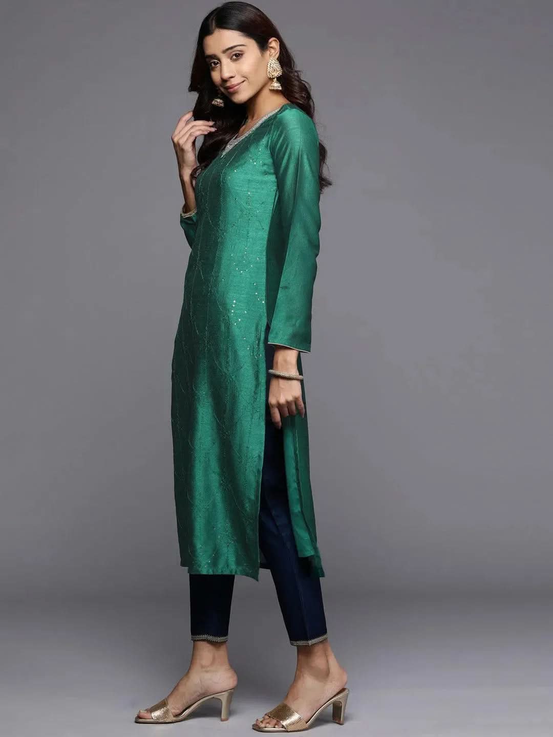 Green Embroidered Silk Straight Kurta - Libas