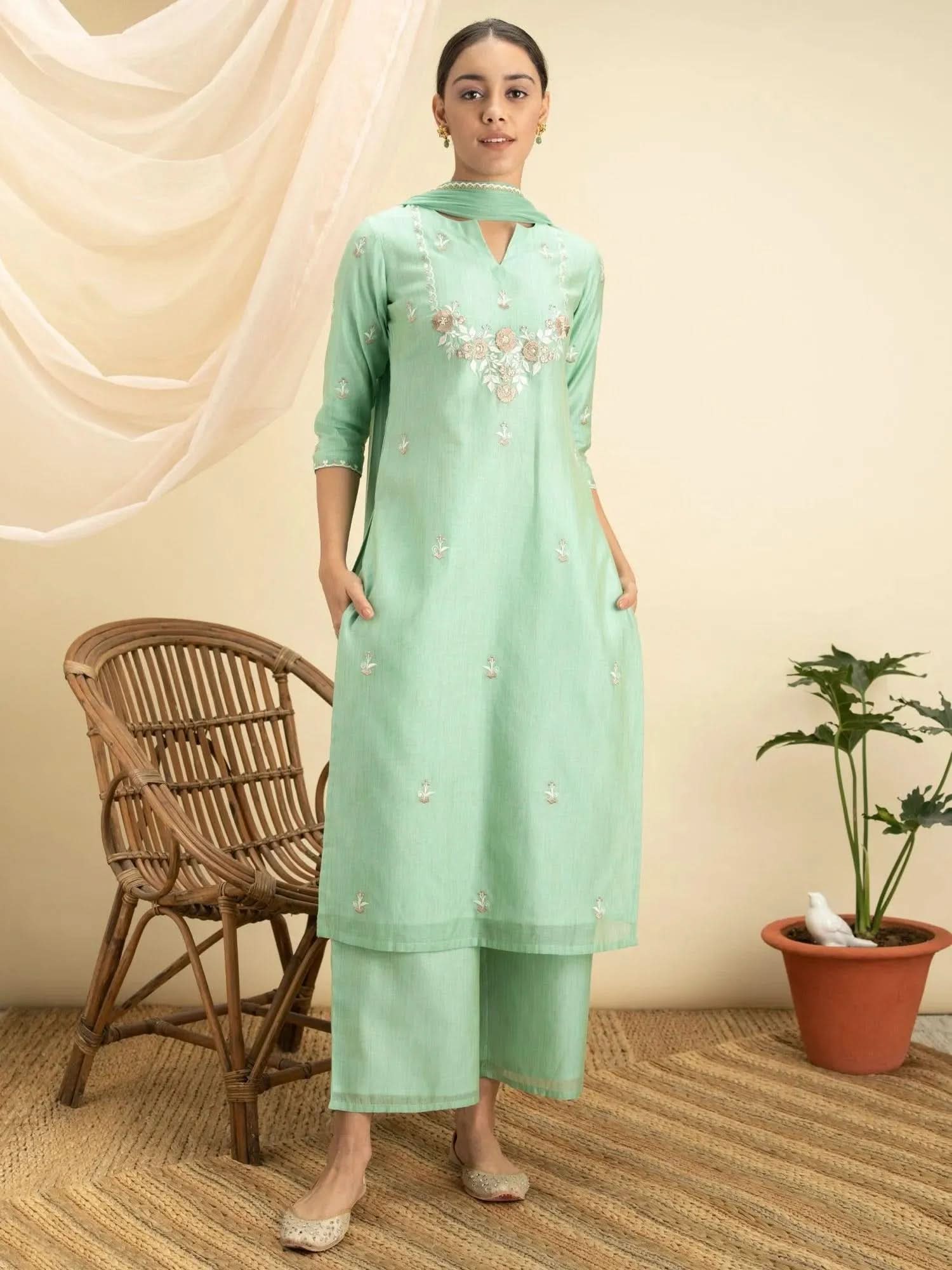 Green Embroidered Silk Straight Kurta With Palazzos & Dupatta
Green Embroidered Silk Straight Kurta With Palazzos & Dupatta