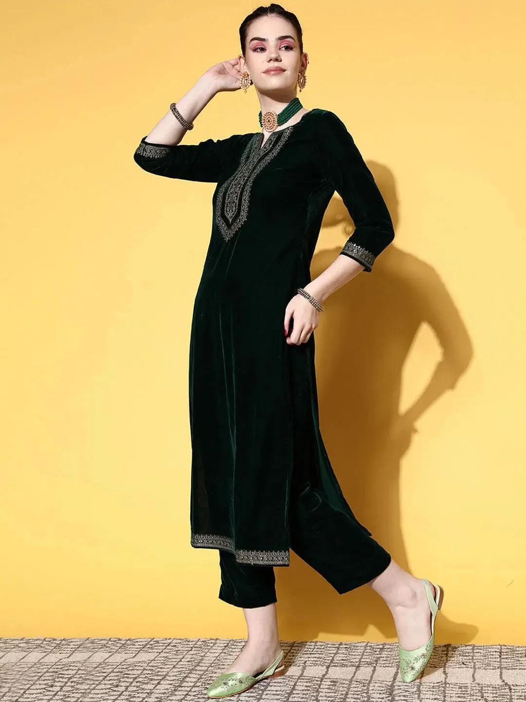 Green Embroidered Velvet Straight Suit Set - Libas