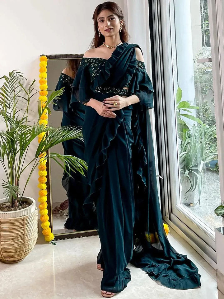 Green Georgette Ruffle Saree With Belt - Libas