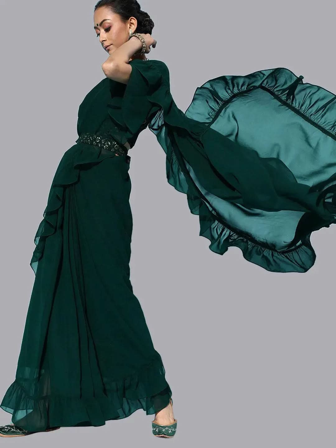 Green Georgette Ruffle Saree With Belt - Libas