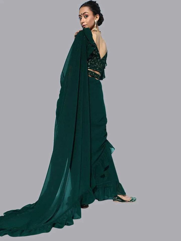 Green Georgette Ruffle Saree With Belt - Libas