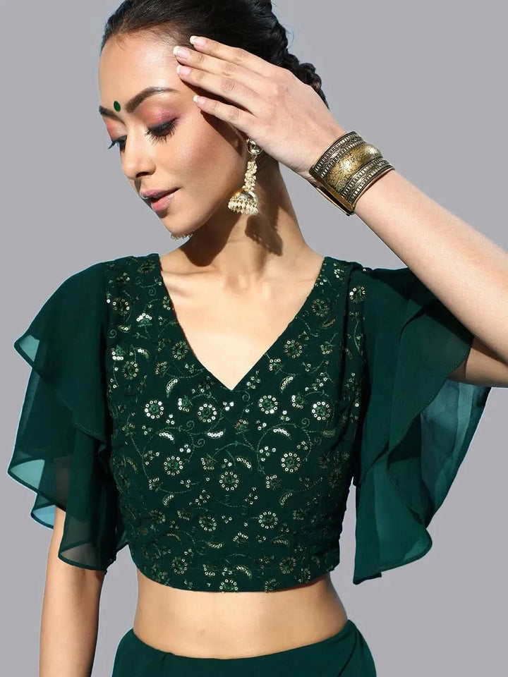 Green Georgette Ruffle Saree With Belt - Libas