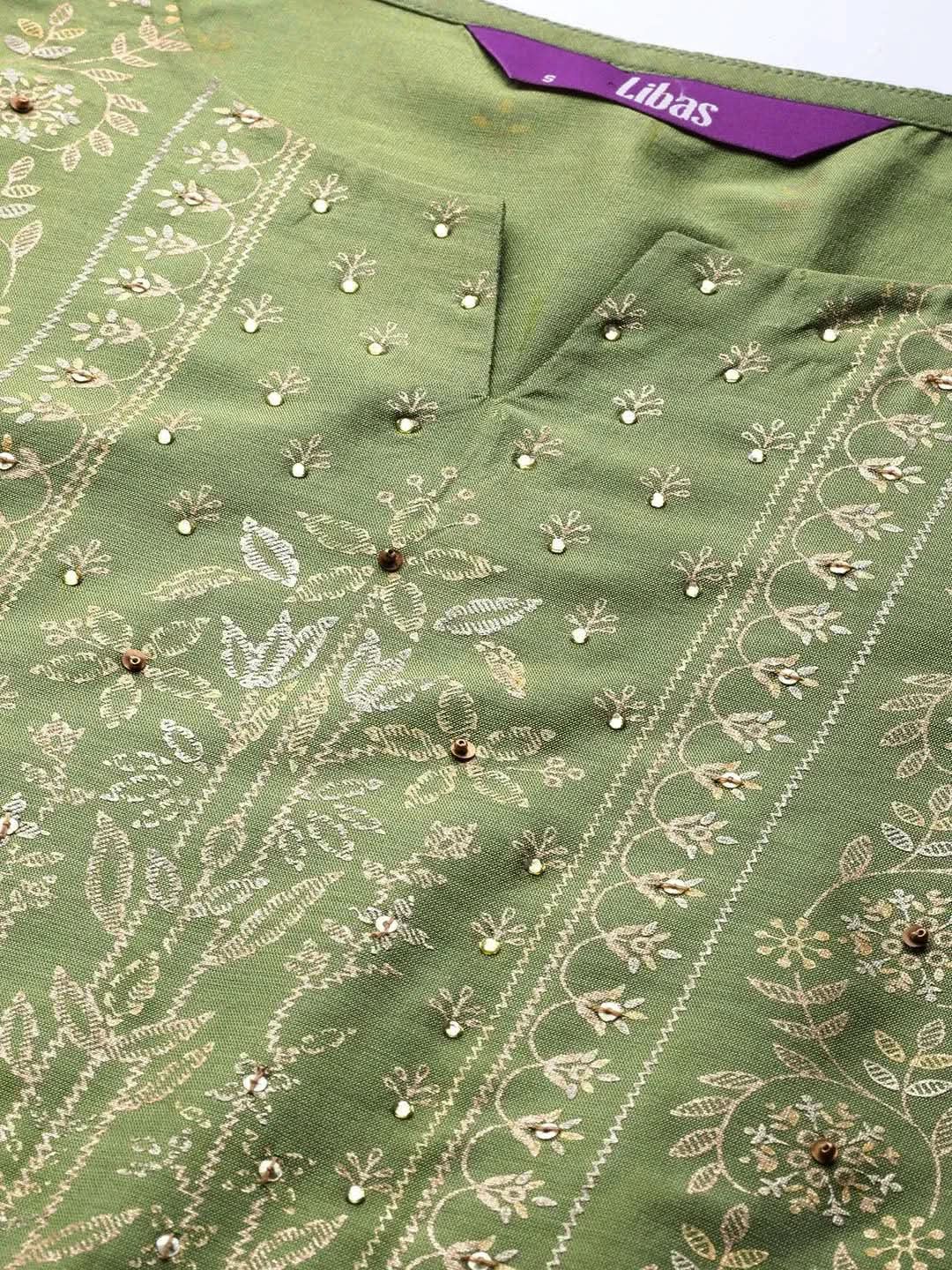 Green Printed Chanderi Silk Kurta - Libas