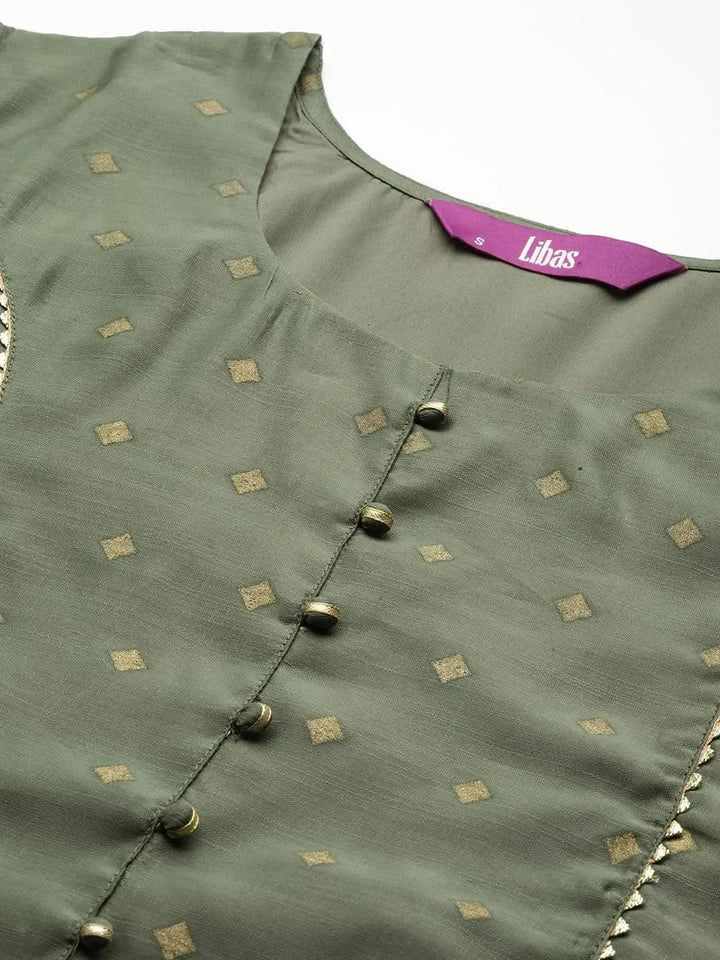 Green Printed Chanderi Silk Suit Set - Libas