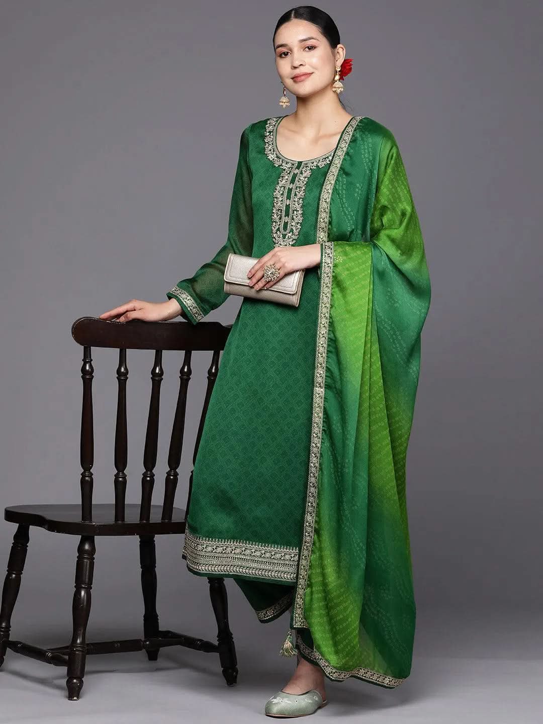 Green Printed Chiffon Straight Kurta With Trousers & Dupatta
Green Printed Chiffon Straight Kurta With Trousers & Dupatta