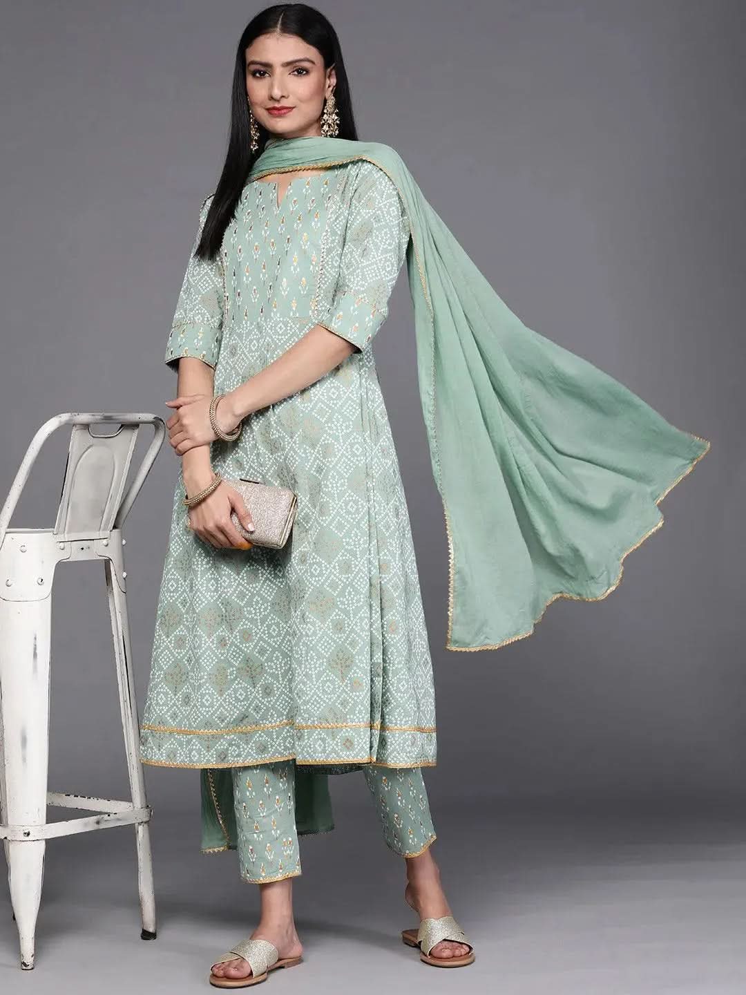 Green Printed Cotton Suit Set - Libas
