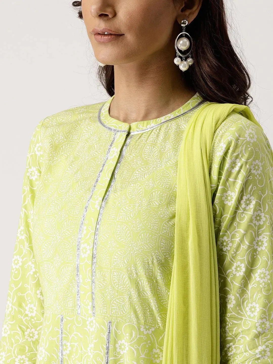 Green Printed Cotton A-Line Kurta With Palazzos & Dupatta
Green Printed Cotton A-Line Kurta With Palazzos & Dupatta
