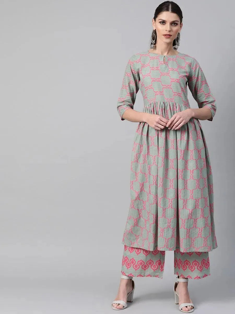 Green Printed Cotton Kurta Set - Libas