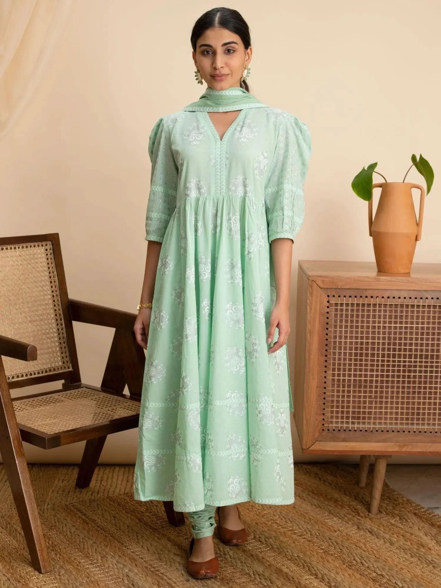 Buy Green Cotton Printed Anarkali Kurta With Cotton Trouser And Dupatta Online
Buy Green Cotton Printed Anarkali Kurta With Cotton Trouser And Dupatta Online